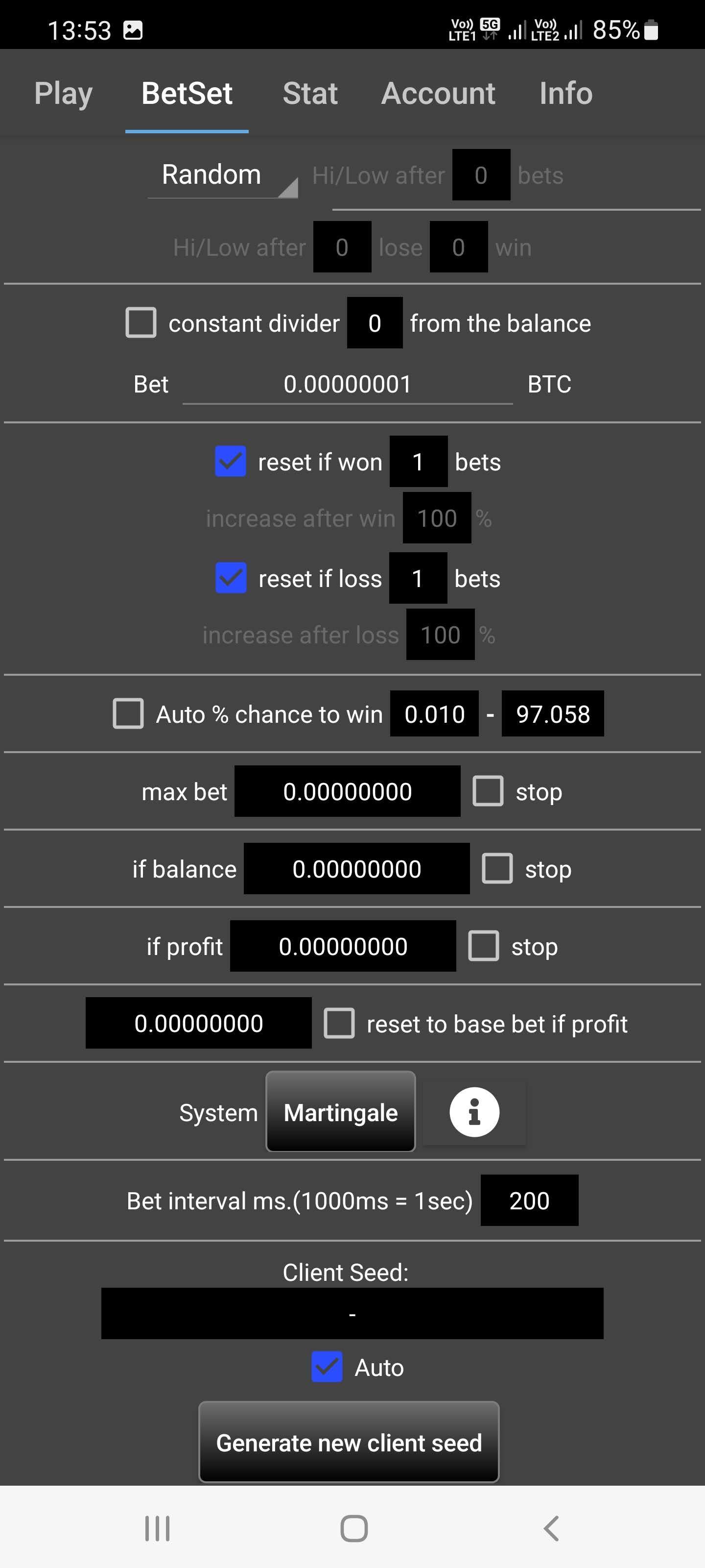 Relandice Bot CG bet set screen