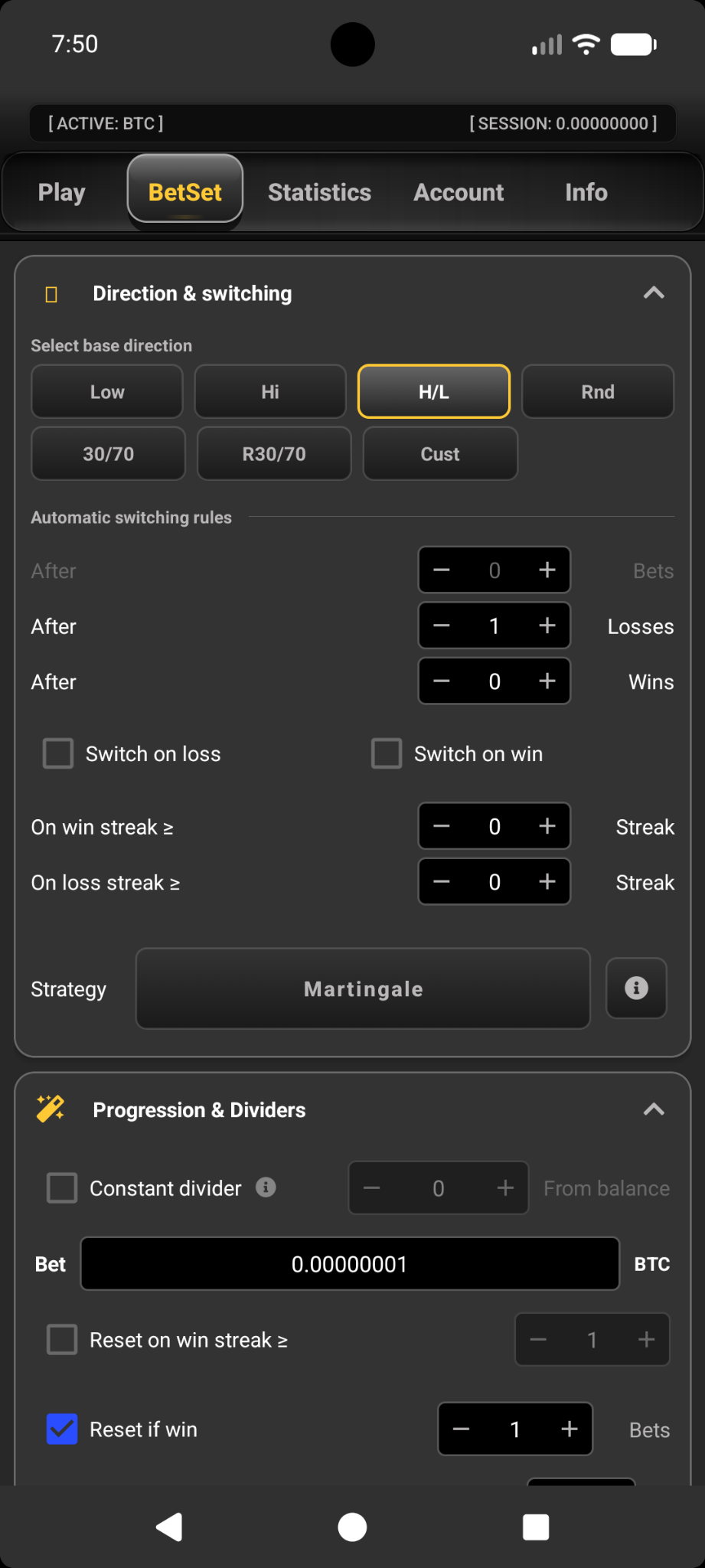 Relandice Bot CG 2.00 BetSet strategy screen