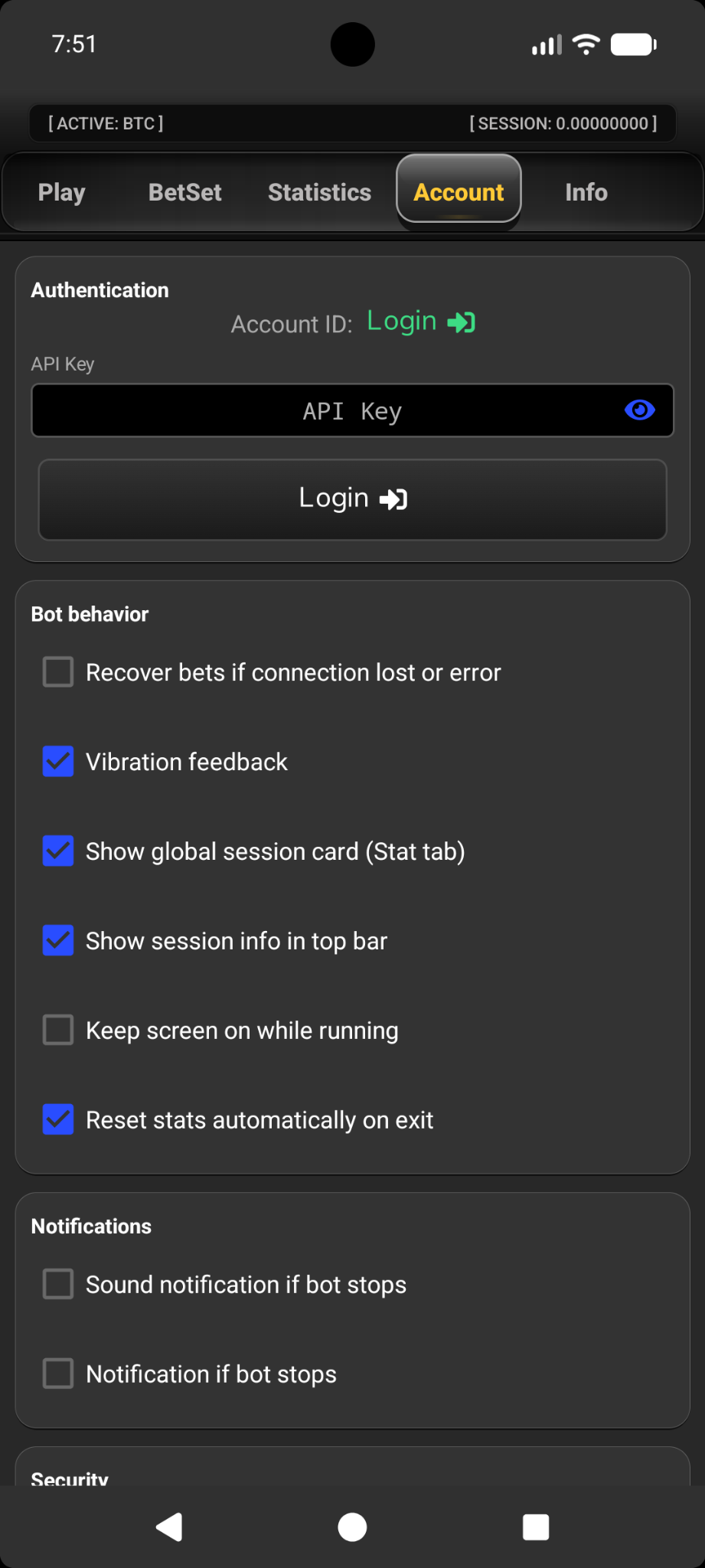 Relandice Bot CG 2.00 Account and behavior settings screen