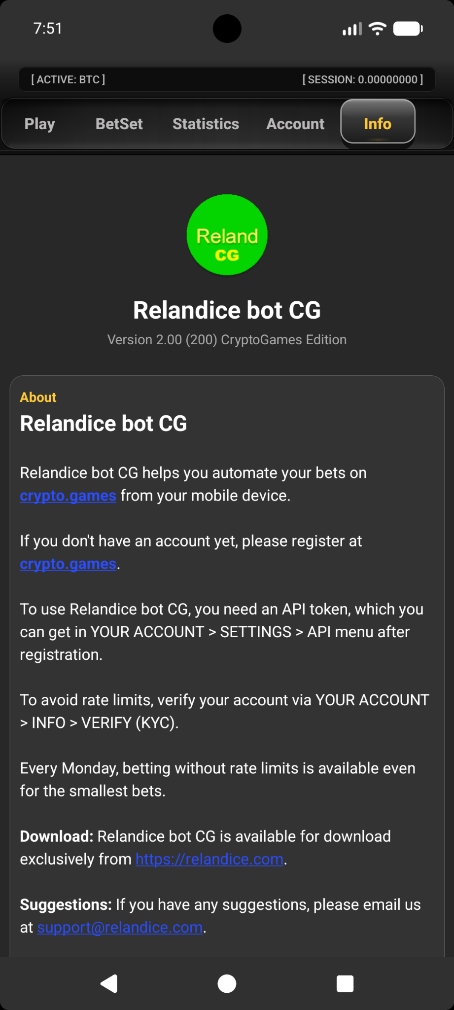 Relandice Bot CG 2.00 Info screen