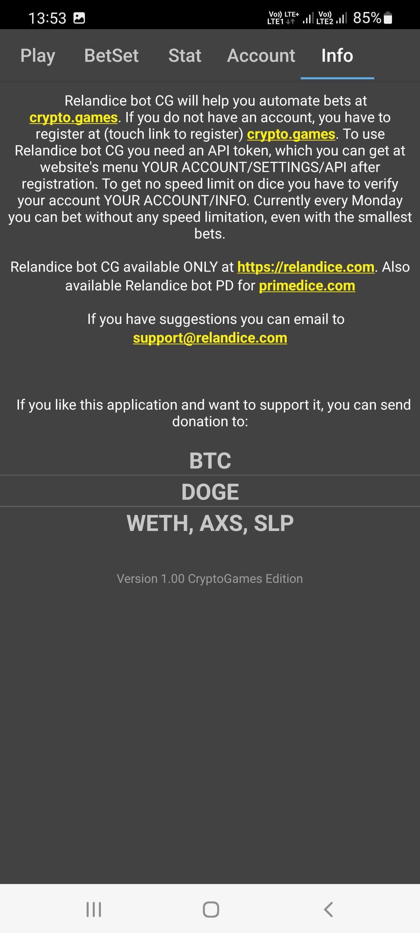 Relandice Bot CG information screen